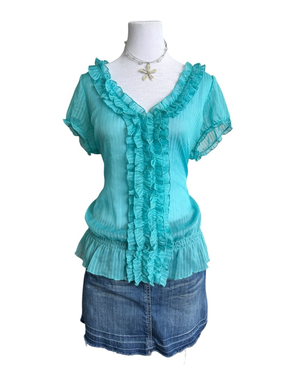 Smart Set Turquoise Ruffle Short-Sleeve Blouse - Picture 3 of 7